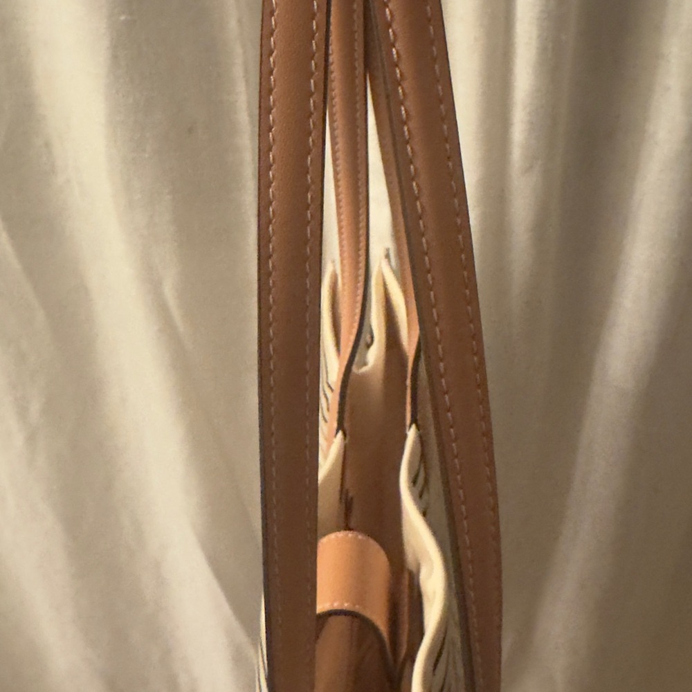 Tory Burch Striped Tan and Cream Ella Tote Bag Large - Picture 12 of 16